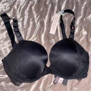 Victoria's Secret Black Satin Lace Bra woth crystal butterfly straps 34C